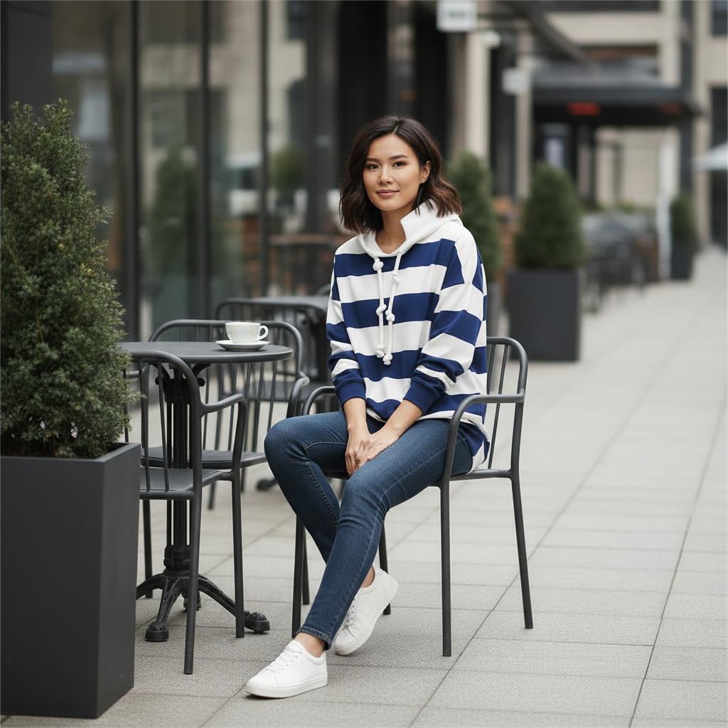 Woman sitting at an outdoor cafe table wearing a blue and white striped sweater.