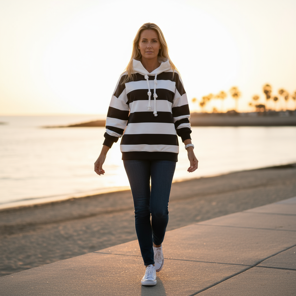 Woman walking on a path by a waterfront at sunset wearing a striped hoodie and jeans.