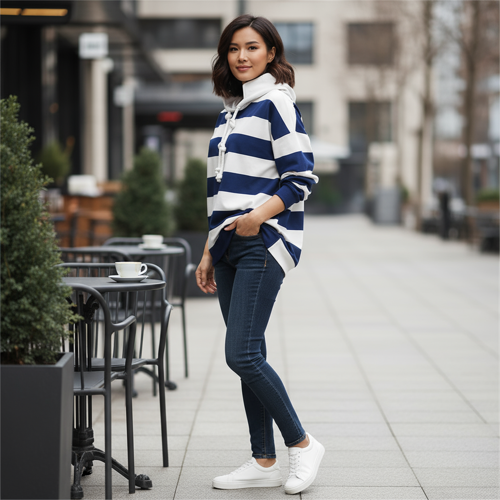 Woman wearing a blue and white striped sweater and jeans standing on a sidewalk.