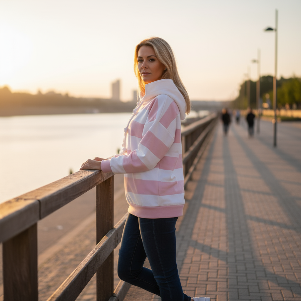 Woman in a pink and white striped sweater standing by a waterfront at sunset.