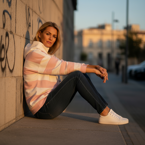 Woman leaning against a wall with graffiti in an urban setting