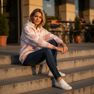 Woman sitting on steps wearing a striped sweater and jeans in an urban setting.