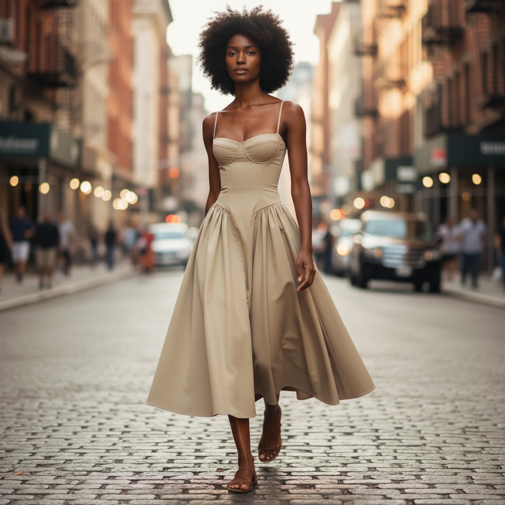 Woman in a beige dress walking down a city street