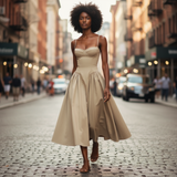 Woman in a beige dress walking down a city street