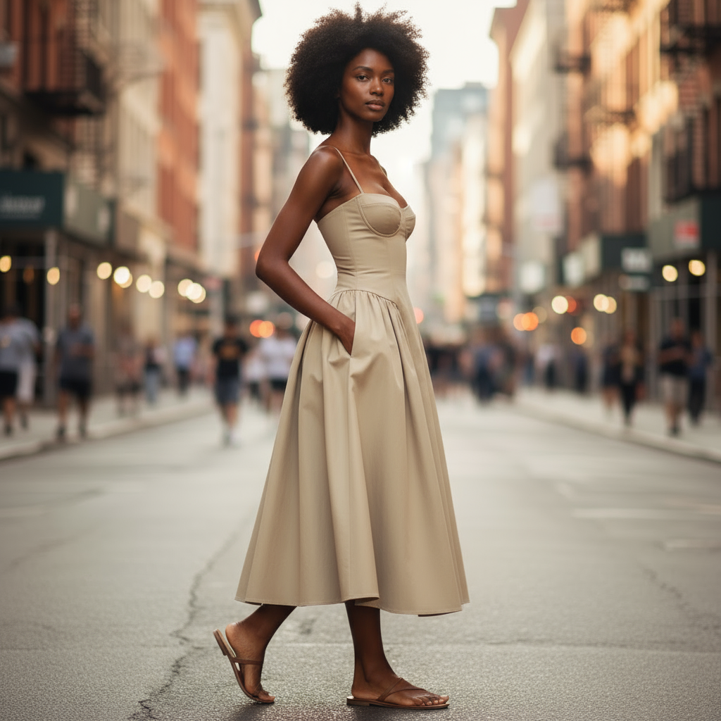 Woman in a beige dress standing on a city street