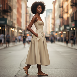 Woman in a beige dress standing on a city street