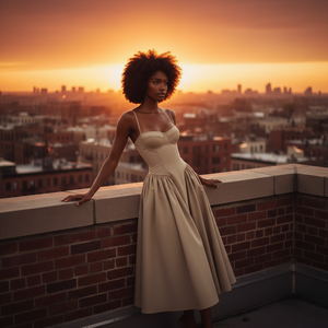 Woman in a beige dress standing on a rooftop with a cityscape and sunset in the background
