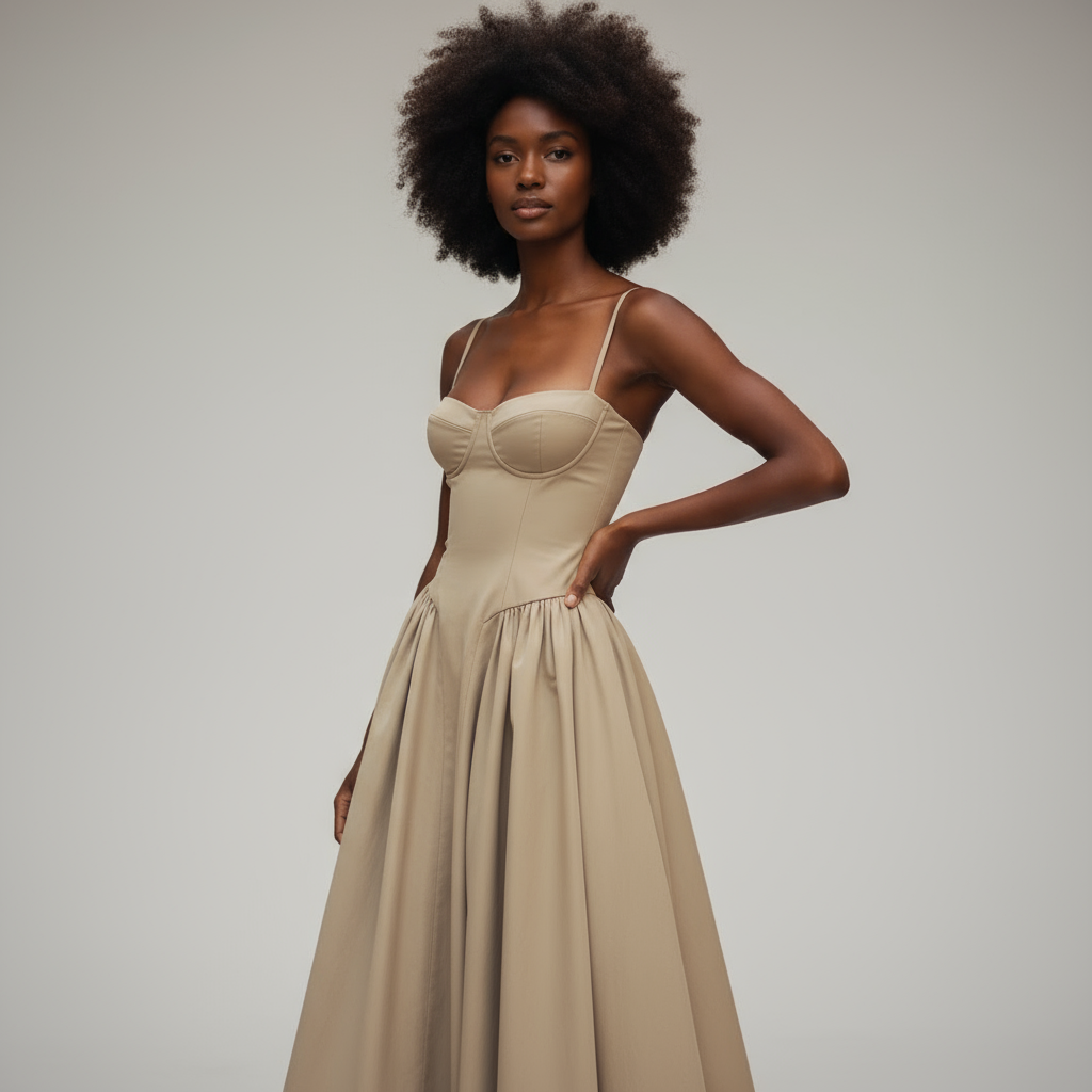 Woman wearing a beige dress against a plain background