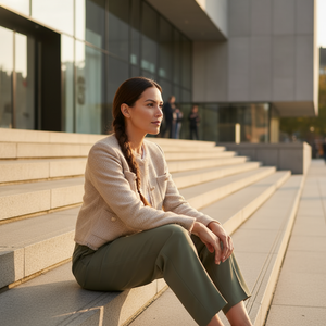 Woman sitting on steps in an urban setting