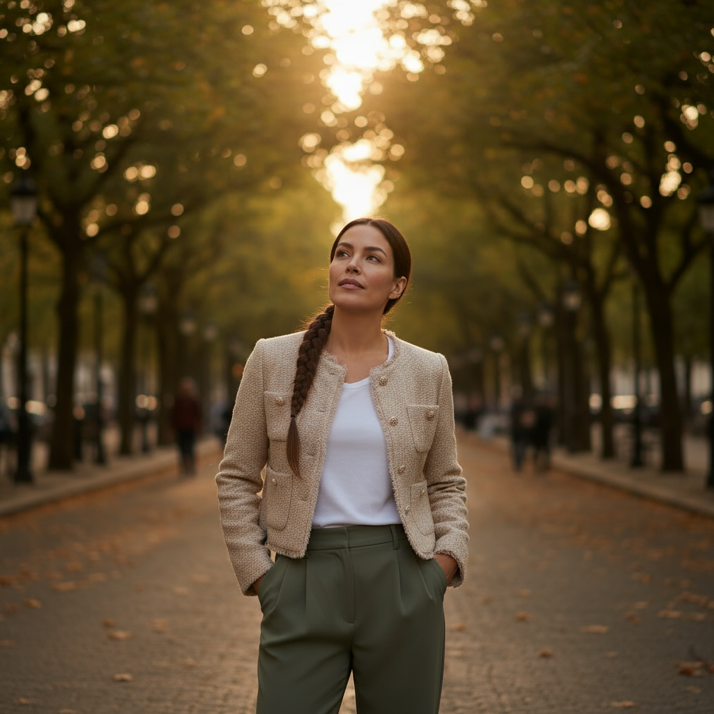 Woman standing on a tree-lined street with sunlight filtering through the leaves