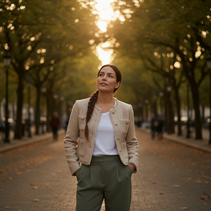 Woman standing on a tree-lined street with sunlight filtering through the leaves