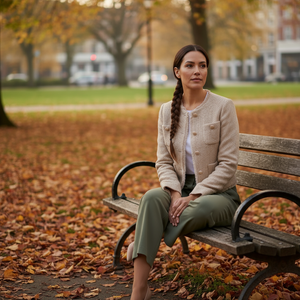 Woman sitting on a bench in a park with autumn leaves