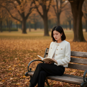 Woman reading a book on a bench in an autumn park
