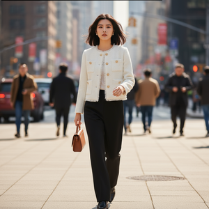 Woman in a white jacket and black pants walking on a city street.