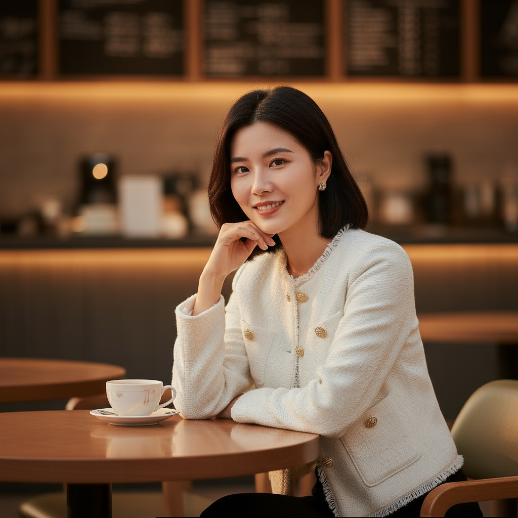 Woman in a white jacket sitting at a table with a cup in a café.