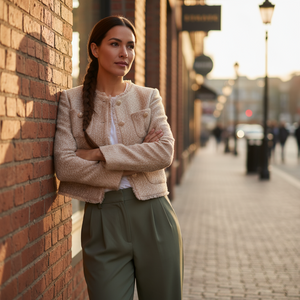 Woman leaning against a brick wall on a city street