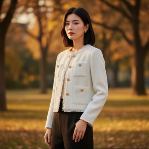 Woman wearing a white jacket in an outdoor setting with trees and grass.