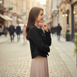 Woman in a black jacket and beige skirt standing on a city street with blurred pedestrians in the background