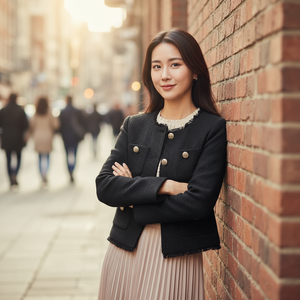 Woman standing against a brick wall with a blurred city street in the background