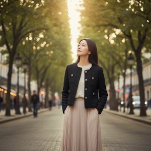Woman standing on a tree-lined street in an urban setting