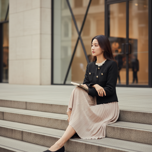 Woman sitting on steps outside a building holding a book