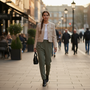 Woman walking on a city street wearing a beige jacket and green pants.