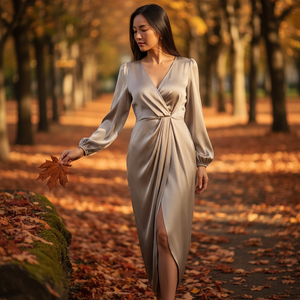 Woman in a silver dress holding a leaf in an autumn park