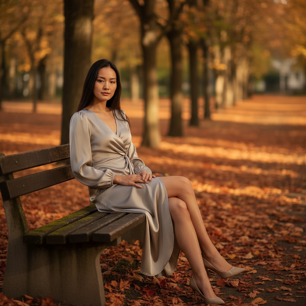Woman in a light dress sitting on a bench in an autumn park.