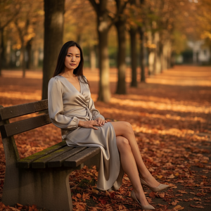 Woman in a light dress sitting on a bench in an autumn park.