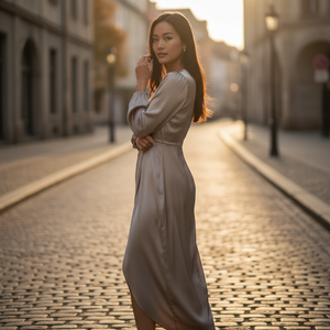Woman in a long dress standing on a cobblestone street with warm sunlight.