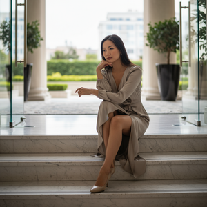 Woman sitting on marble steps in an elegant indoor setting with large windows.