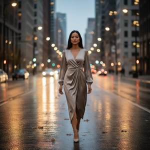Woman in a beige dress walking on a city street at night.