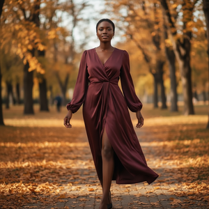 Woman in a burgundy dress walking through an autumn park with trees and fallen leaves.
