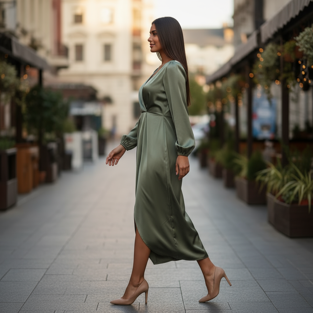 Woman in a green dress walking on a city street with blurred background