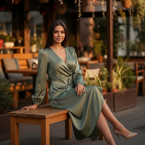 Woman in a green dress sitting on a wooden bench in an outdoor setting