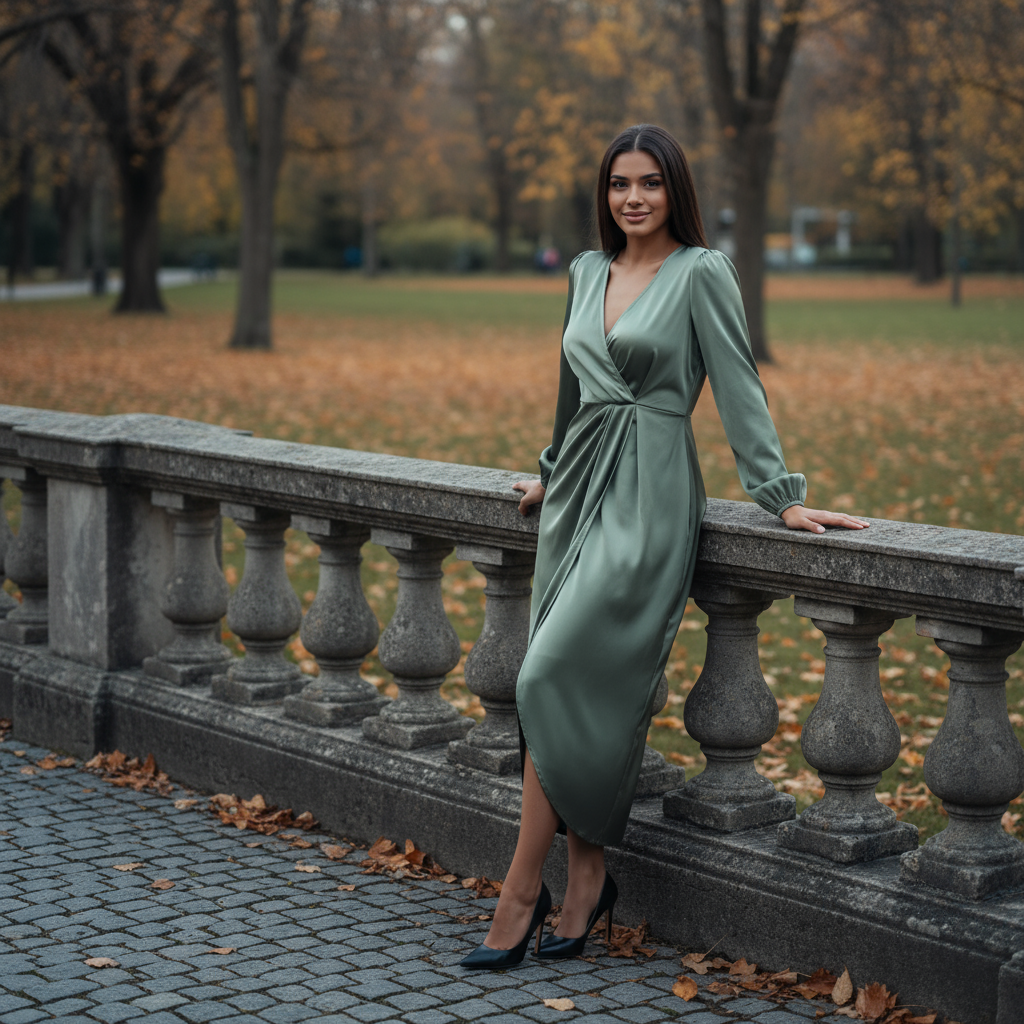Woman in a green dress standing on a stone railing in an autumn park.