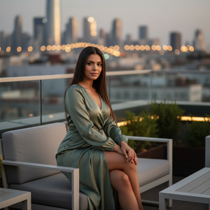 Woman in a green dress sitting on a rooftop with city skyline in the background