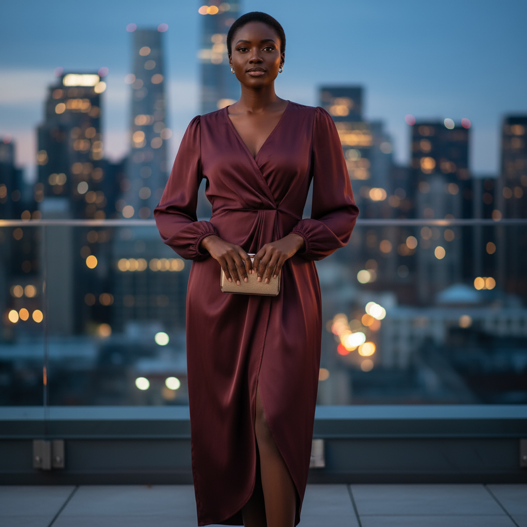 Woman in a burgundy dress standing on a rooftop with city skyline in the background