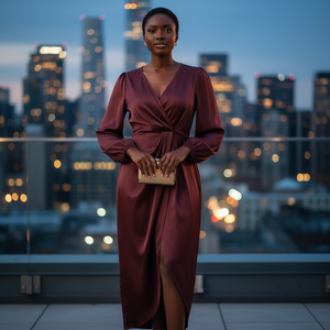 Woman in a burgundy dress standing on a rooftop with city skyline in the background