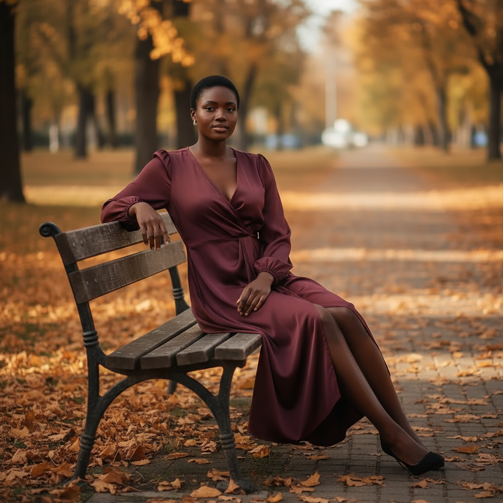 Woman in a burgundy dress sitting on a wooden bench in an autumn park.