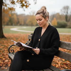 Woman reading a book on a bench in an autumn park