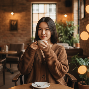 Woman holding a cup in a cozy cafe setting