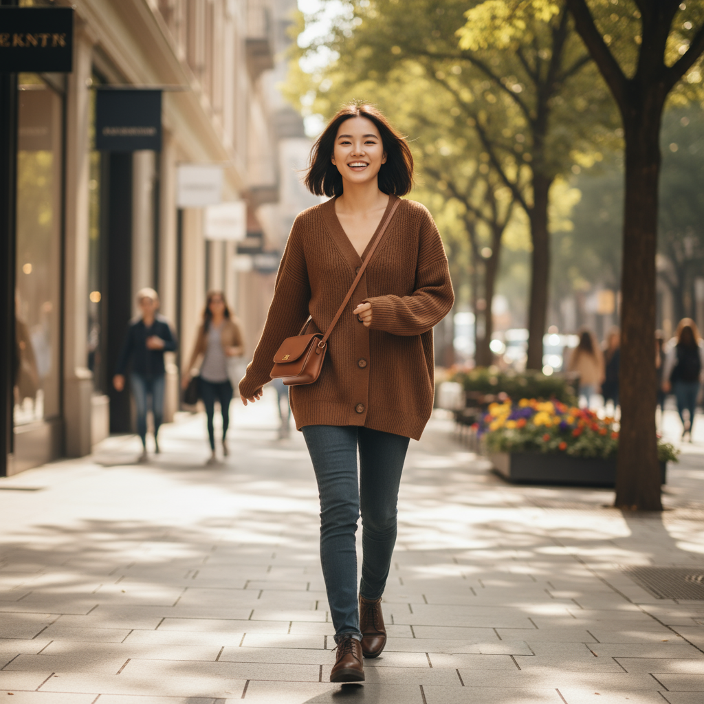 Woman walking down a sunlit city street with shops and trees in the background