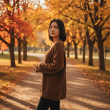Woman standing in a park with autumn trees