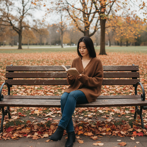 Woman reading a book on a bench in an autumn park