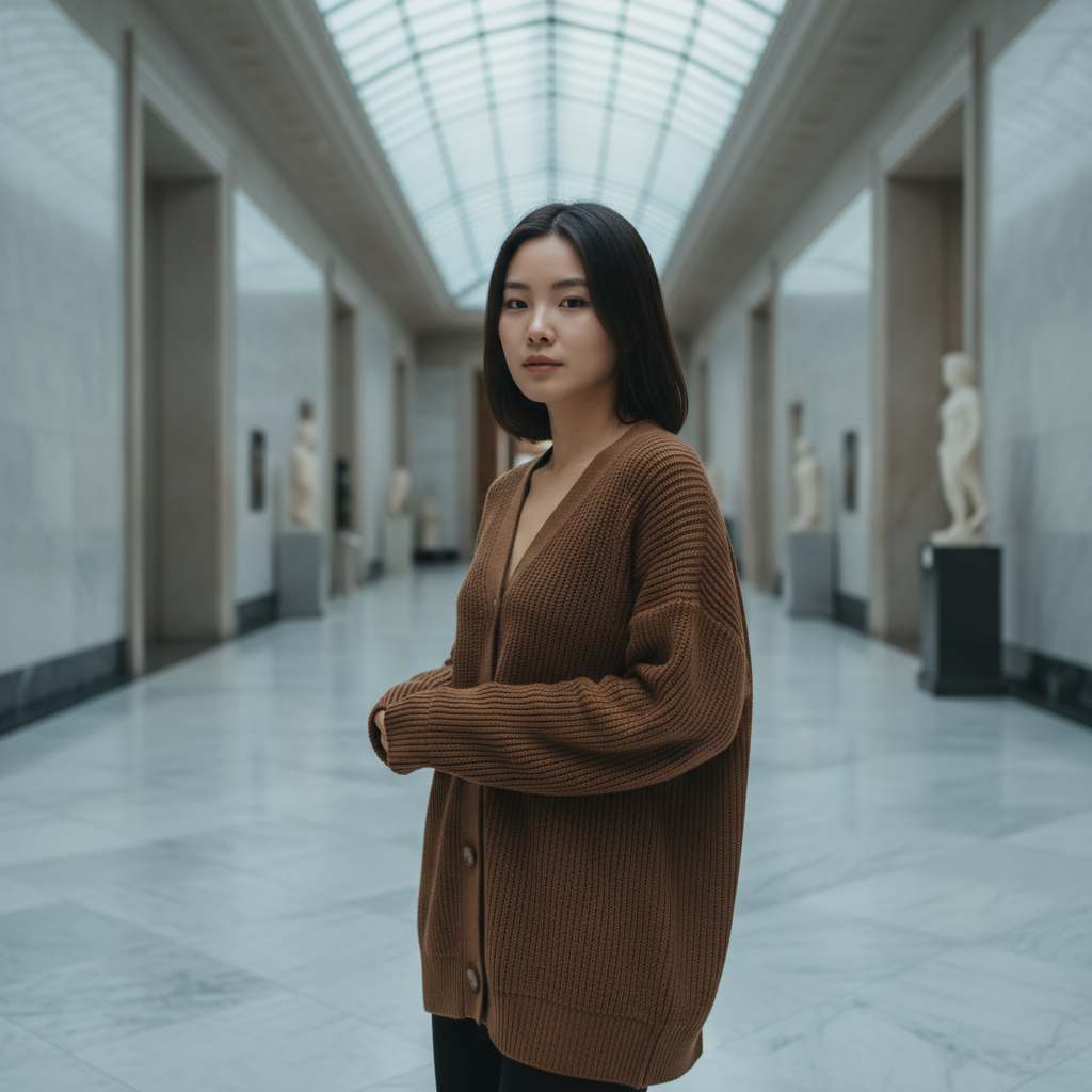 Woman in a brown sweater standing in a large, open hallway with statues in the background