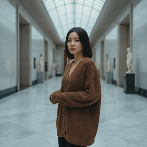 Woman in a brown sweater standing in a large, open hallway with statues in the background