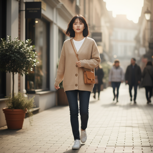 Woman walking on a city street wearing a beige cardigan and blue jeans.