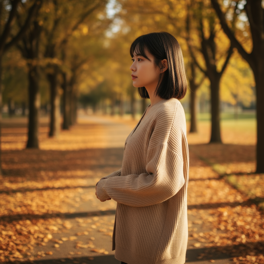 Woman in a beige sweater standing in an autumn park with trees and fallen leaves.