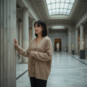 Woman in a beige cardigan standing in a grand hallway with columns and statues.